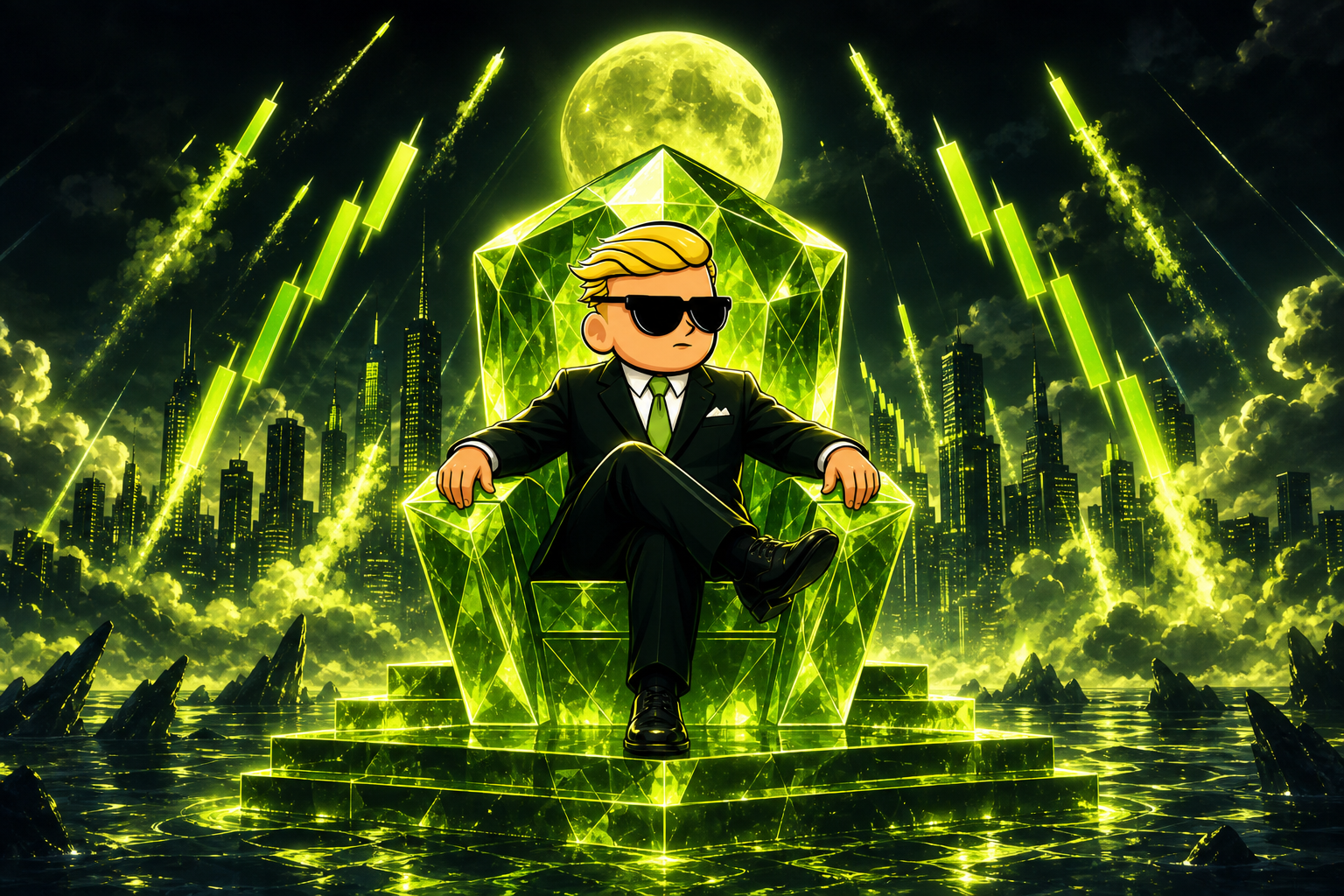 $WSB mascot on a glowing diamond throne above a neon ocean