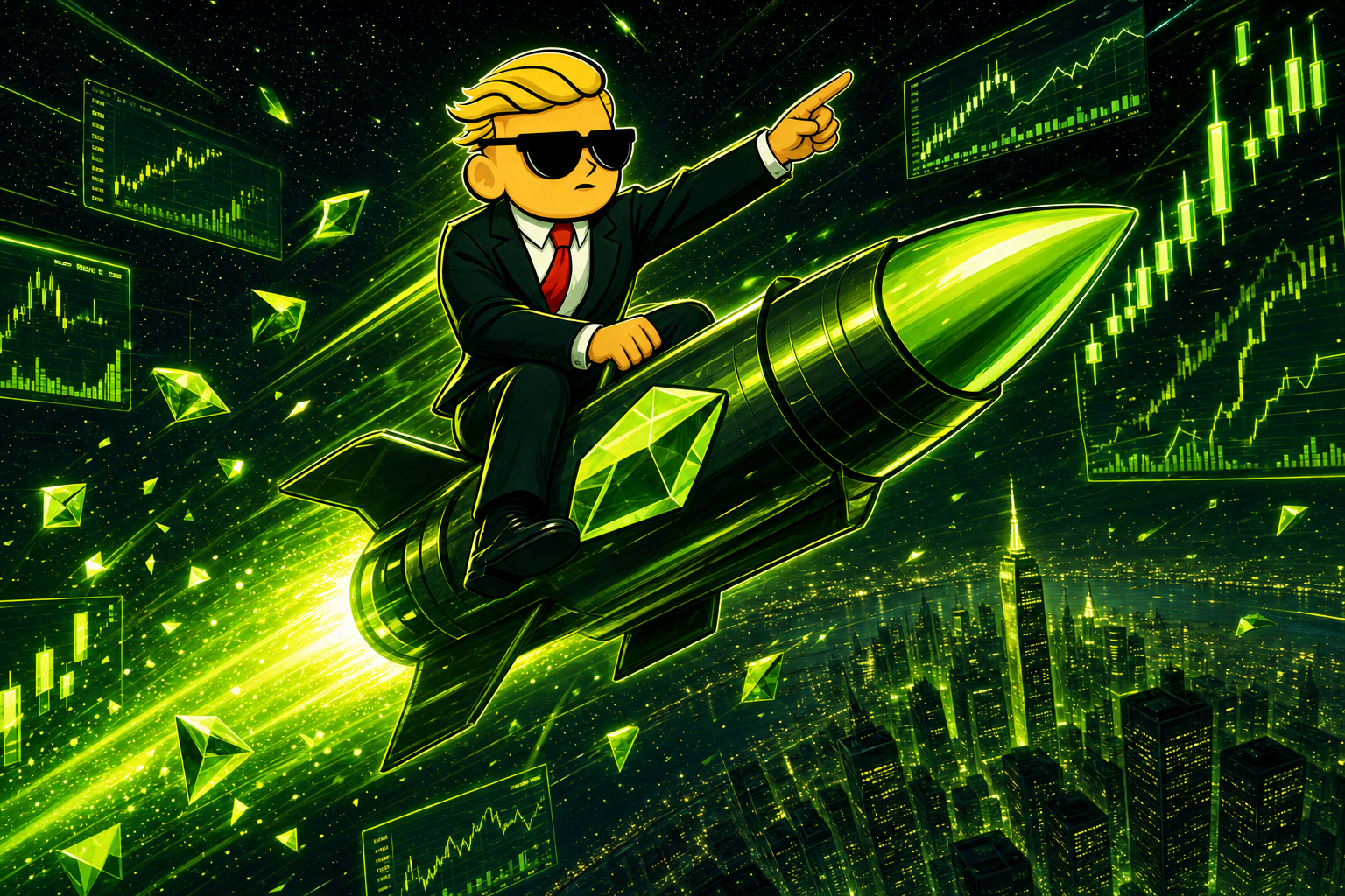 $WSB mascot riding a neon laser rocket through the market sky