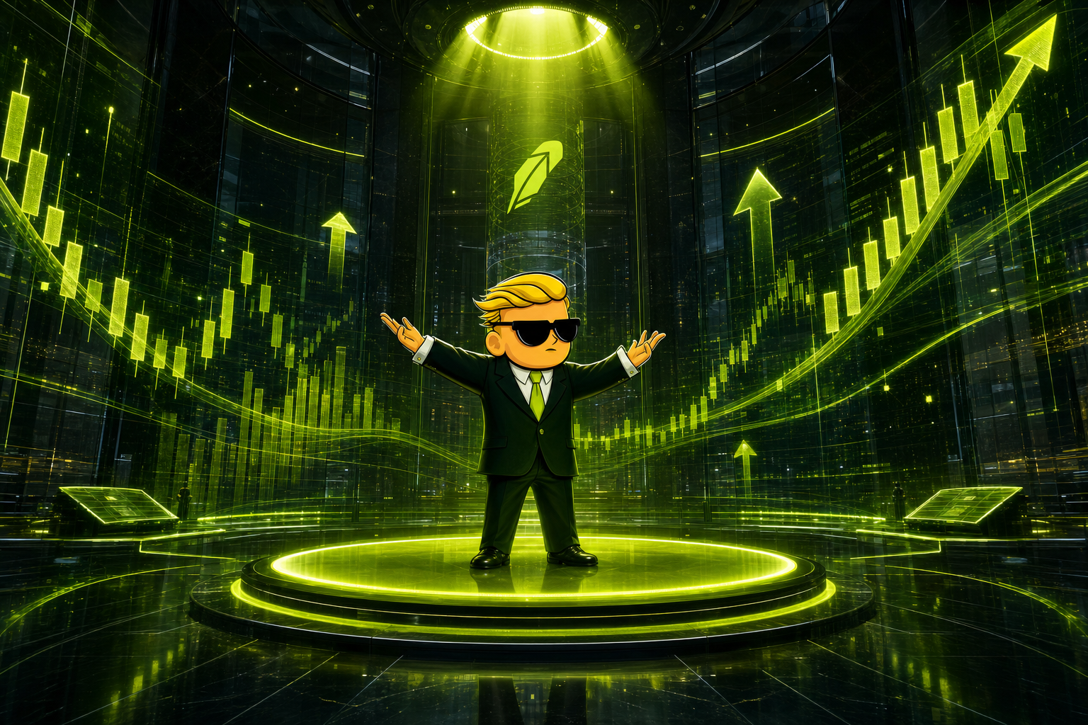 $WSB mascot inside a luminous futuristic market cathedral