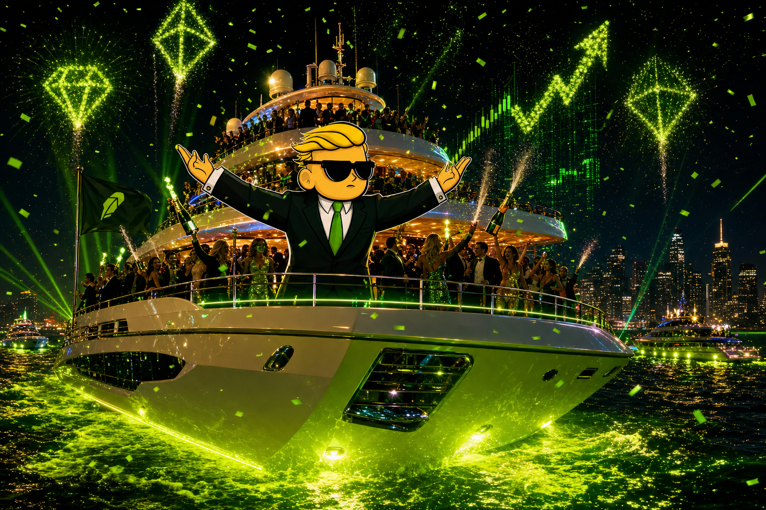 $WSB moon party yacht celebration under neon fireworks